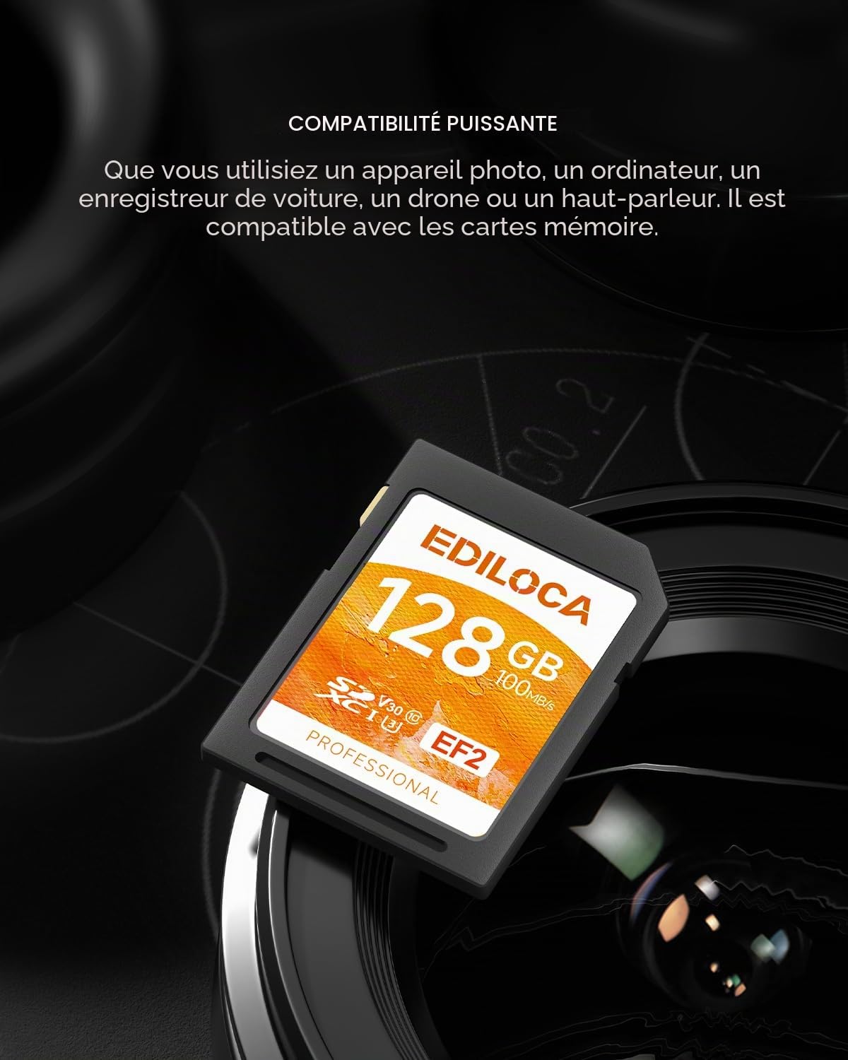 Ediloca EF2 Carte SD 128Go, Carte mémoire SD UHS-I, Lecture 100 Mo/s, écriture 90 Mo/s, C10, U3, V30, vidéo Full HD et 4K, pour photographes Professionnels