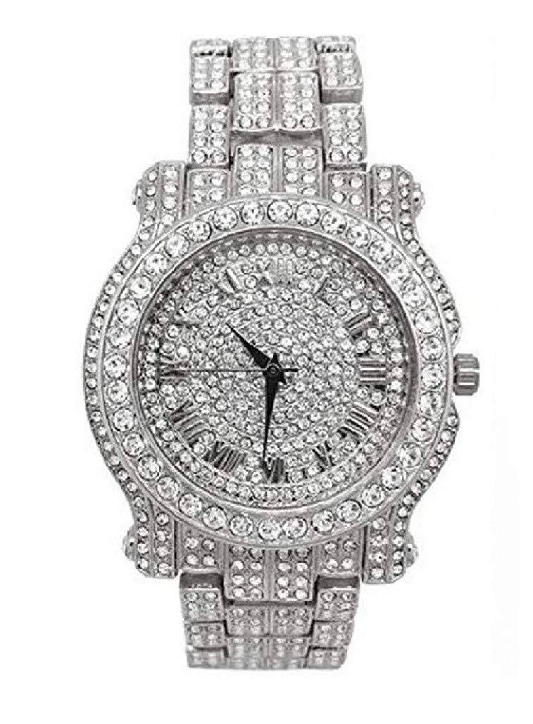 Charles Raymond Bling-ed Out Mens Watch with Silver Dial and Bling Diamond Time Indicators w/Bling-ed Out Matching Bracelet - L0504DXB (Silver/Silver)