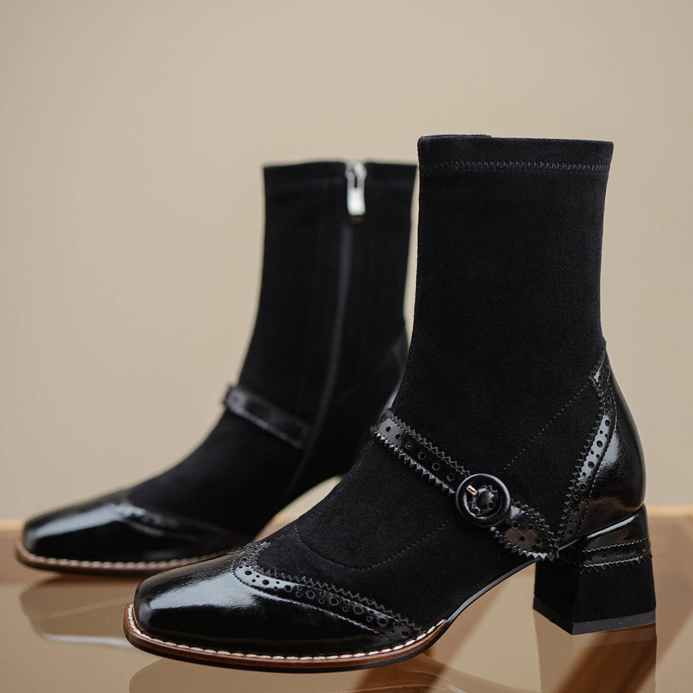 U-lite Women's Elastic Suede Fall Winter Square Toe Shoes, Leather Mid Heel Ankle Boots, Buckle Strap Embellishment Booties - Image 2