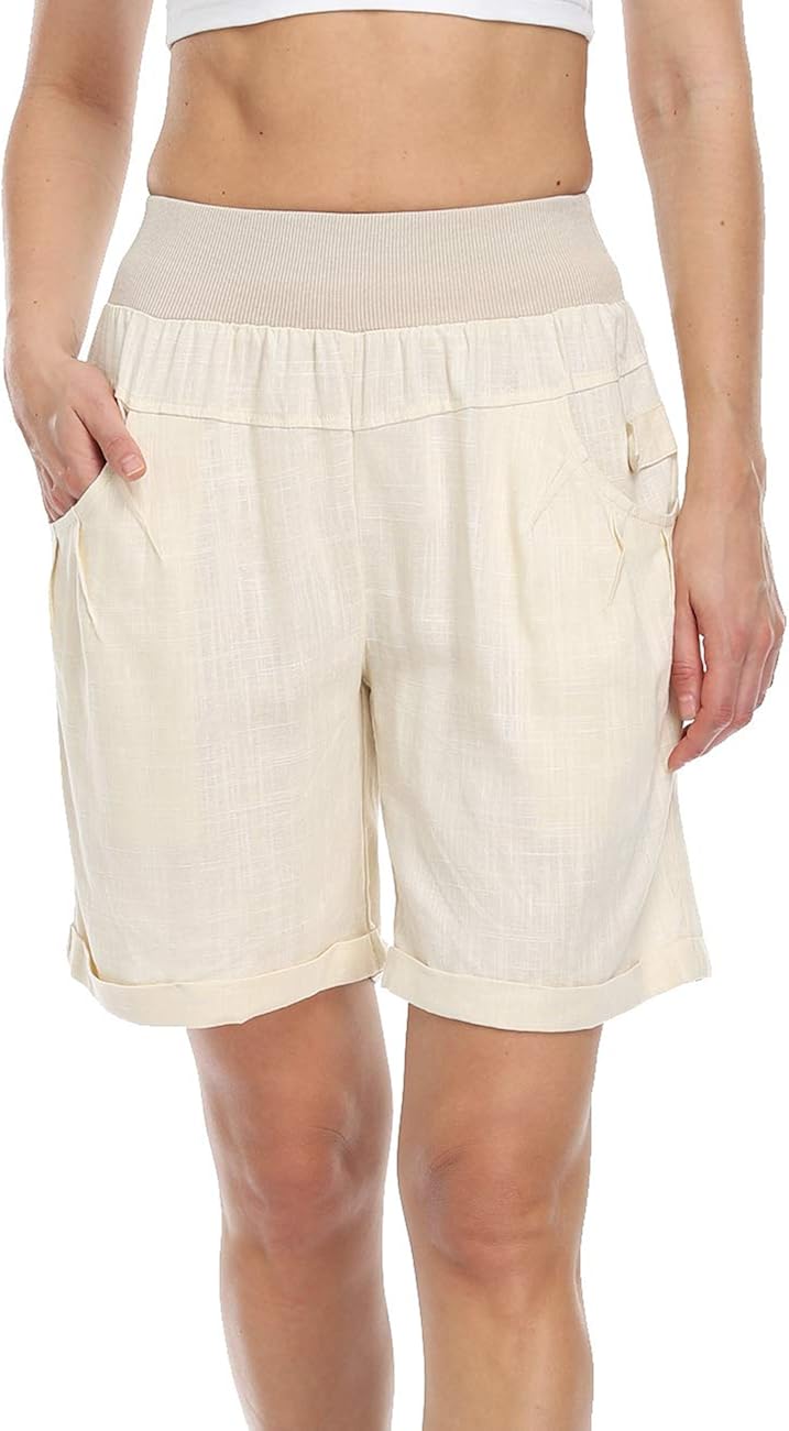 Dilgul Womens Casual Elastic Waist Summer Linen Bermuda Shorts Loose