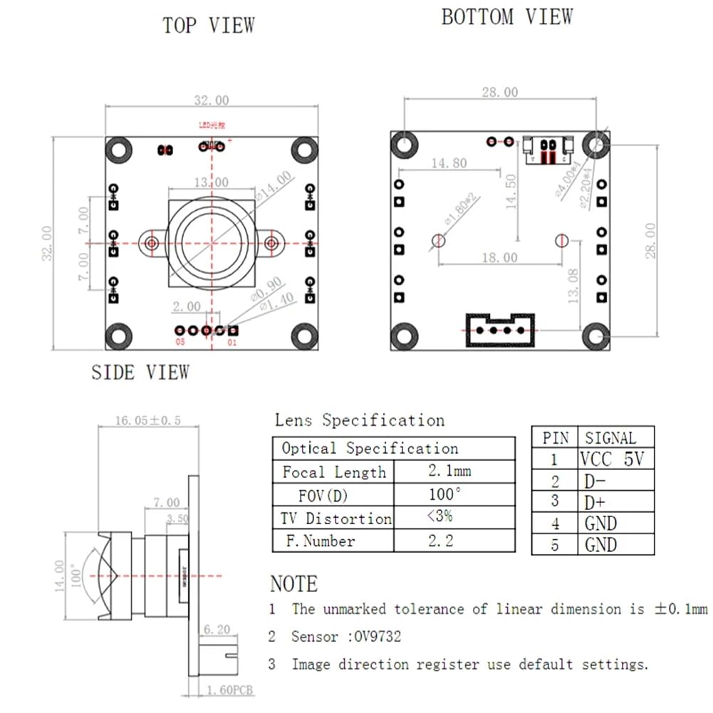 3 sztuki OV9732 100 stopni 1280 X 720 30 Fps moduł kamery do autodartów Io z kablem 2 m, rozmiar PCB: 32 x 32 mm, moduł kamery