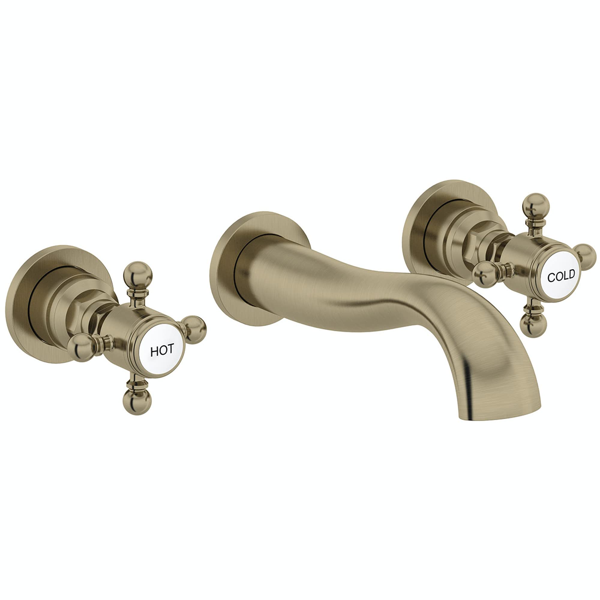Enki Bronze Camberley, Bt3205, Antique Brass, Wall Mounted Basin Mixer Tap, 3 Hole, Solid Brass, Easy Clean, Traditional Design, Easy To Install, 1-Year Guarantee