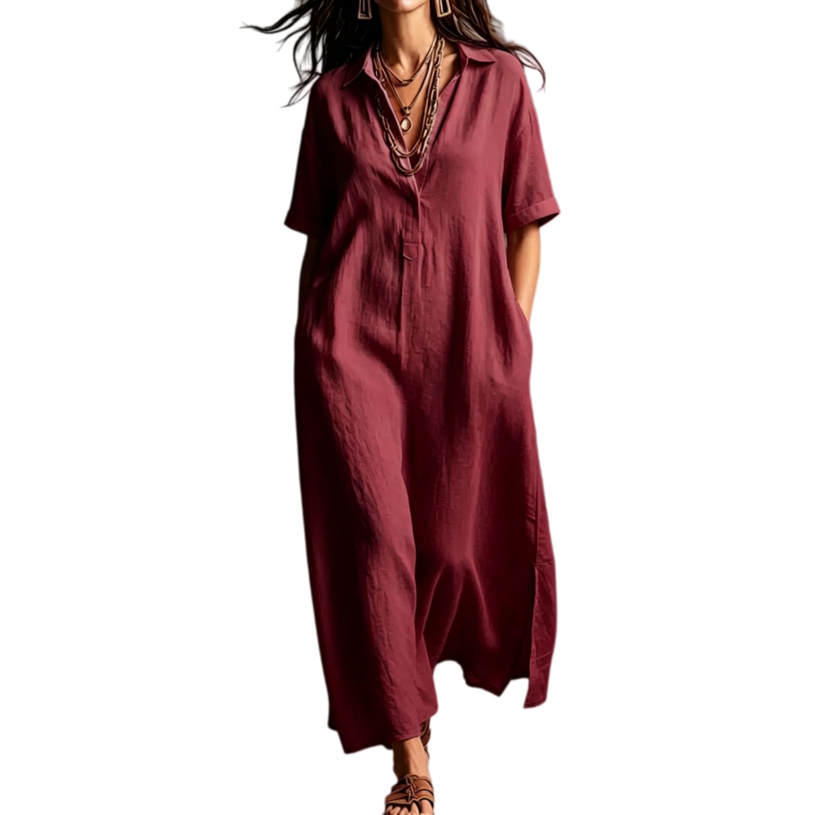Generico Maxi Abito da Donna con Scollo a V, Colletto risvoltato e Spacco – Abito Casual con Tasca, Ideale Come Copricostume per Le Vacanze estive