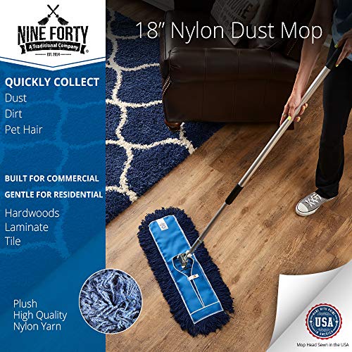 Image of Nine Forty 18 inch Premium Nylon Dust Mop- Heavy Duty Mop Head for Industrial, Commercial, and Residential Cleaning - Dry Floor Duster for Hardwood Surfaces and Commercial Applications - Blue