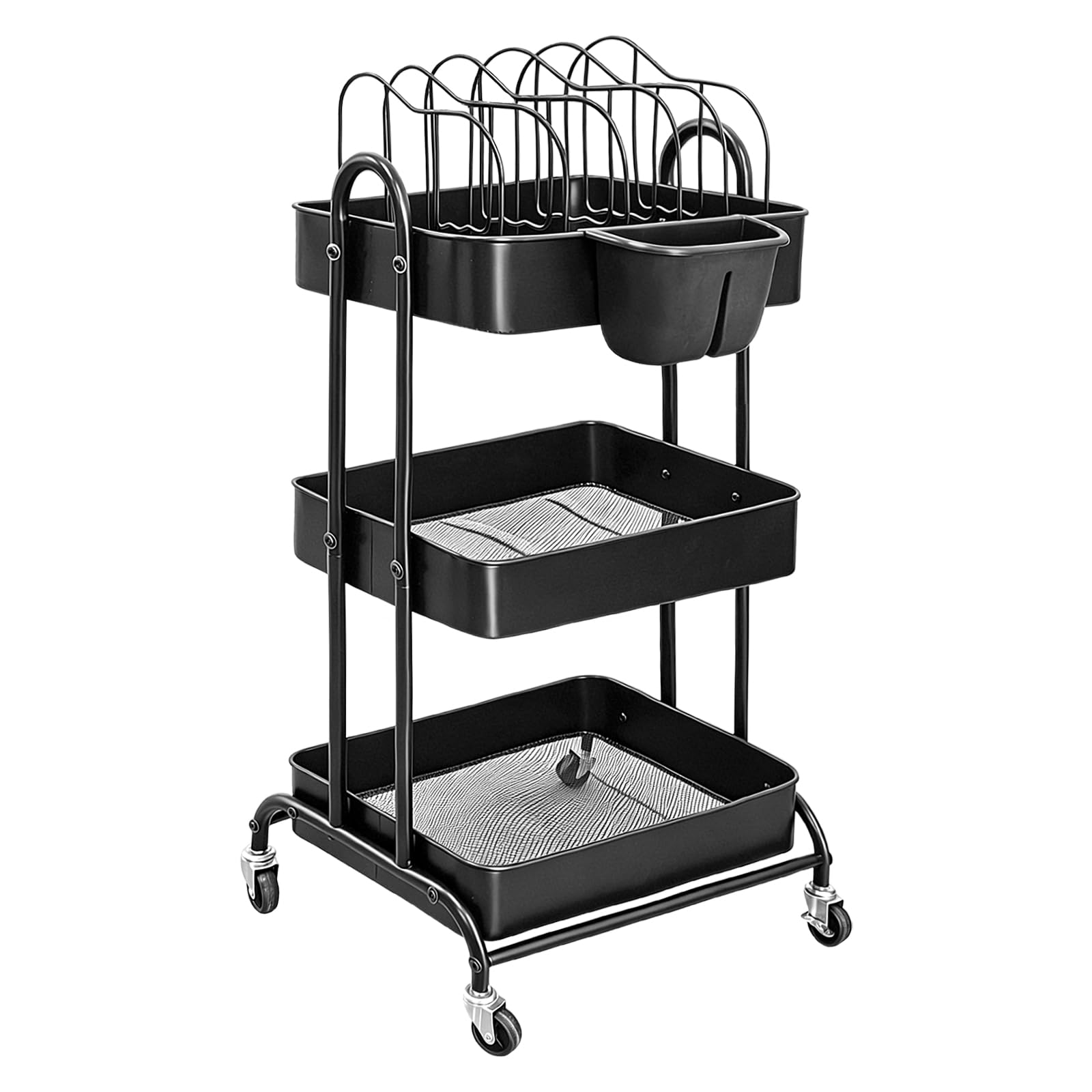 Boczif Desserte à roulettes, Matériaux Métalliques Desserte Cuisine (Noir) | avec 1 Tasse Suspendue, 1 étagère Amovible, 10 Papiers étiquettes et 5 Pochettes étiquettes, pour Salle de Bain, Cuisine