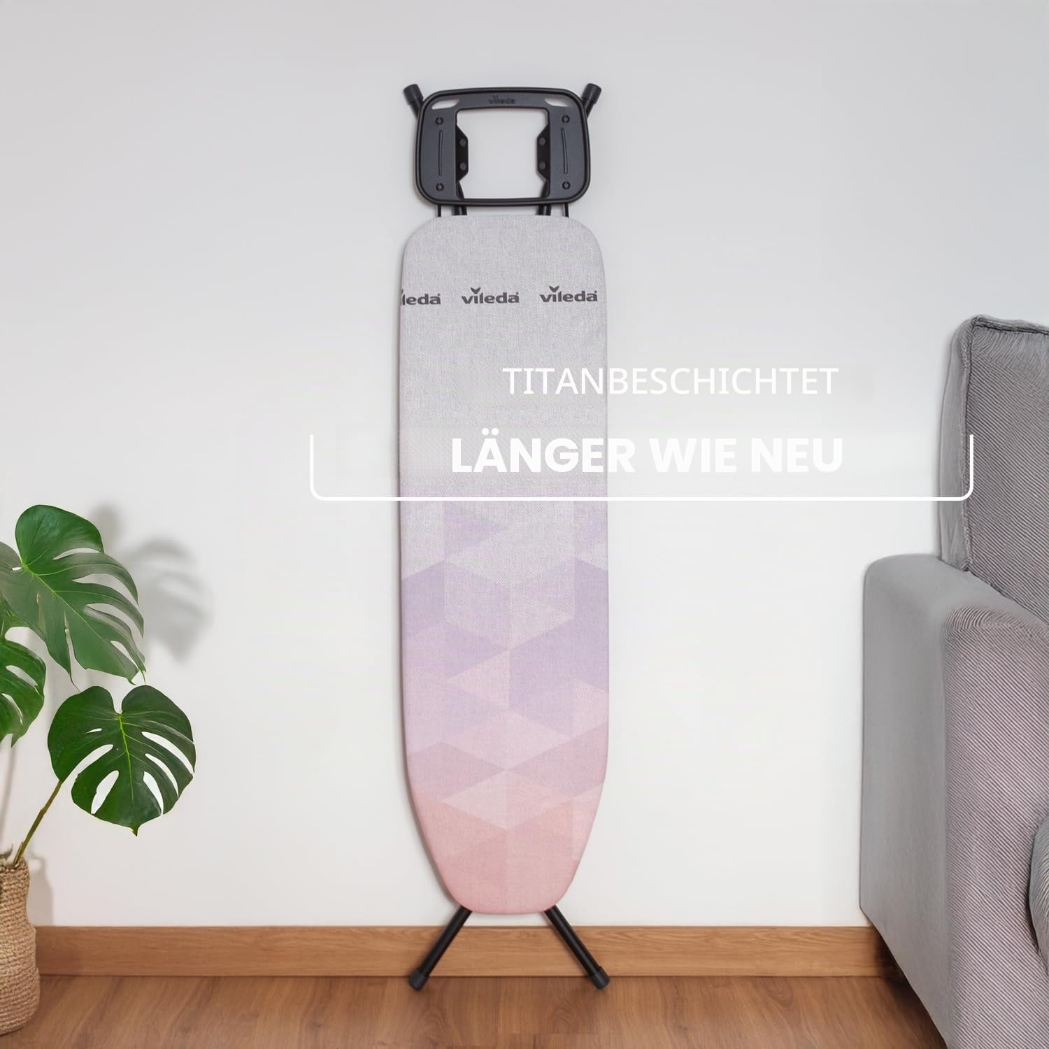 Vileda Diamond S Bügelbrett, bleibt länger wie neu, kompakt und leicht, höhenverstellbar bis 91 cm, stabile Stahlkonstruktion, titanbeschichteter Bezug, Comfort-Pack