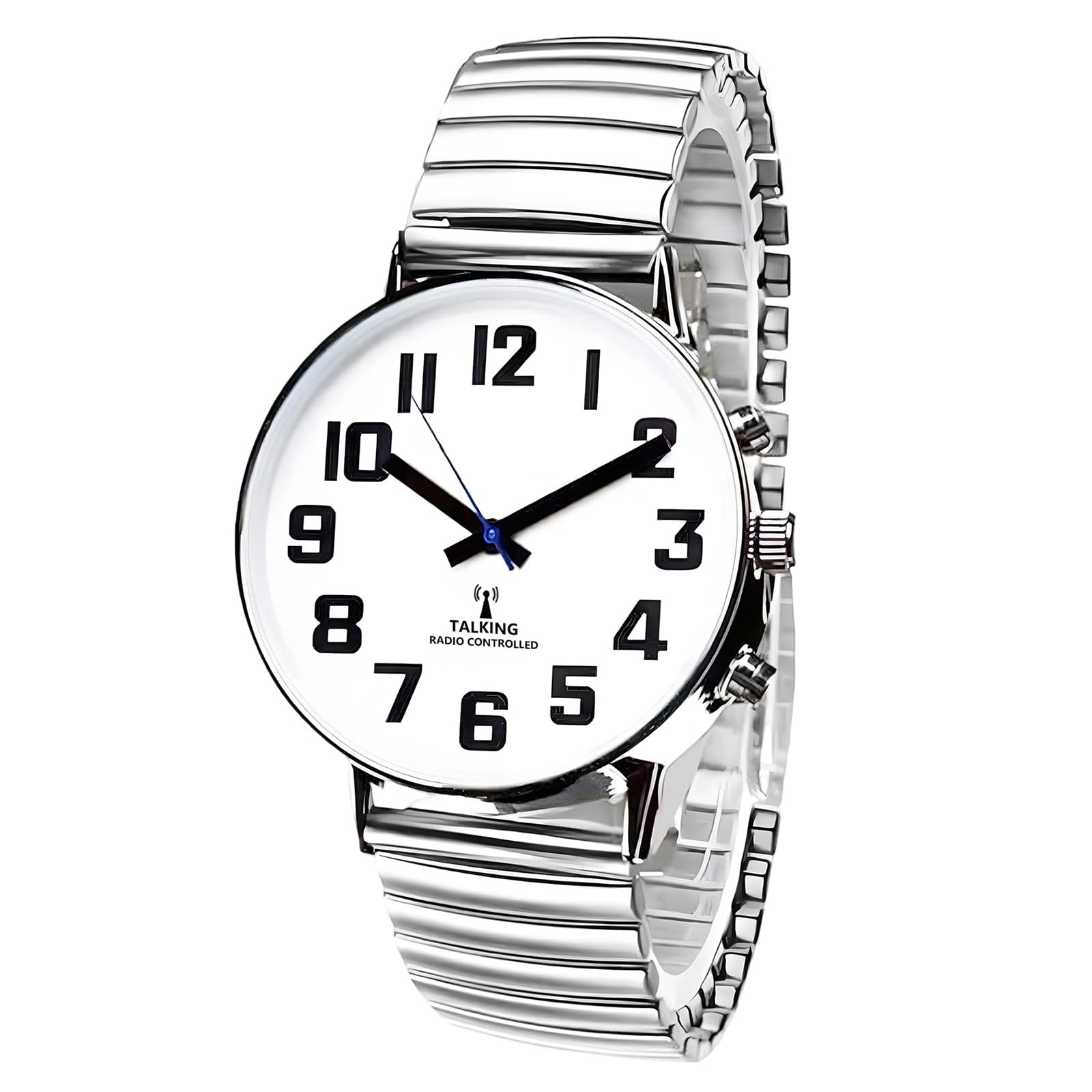 Reloj de calidad claro y fuerte voz ultra delgado atómico hablando inglés habla la hora, fecha o hora de alarma para ancianos, vista perjudicada o ciegos. Cara blanca números negros 113