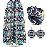Haysandy 3 Pcs Women African Printed Maxi Skirt with Pockets Set Casual Stretch Head Wrap Scarf Drop Dangle Earrings (XL,Retro Style)