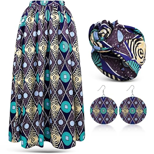 Haysandy 3 Pcs Women African Printed Maxi Skirt with Pockets Set Casual Stretch Head Wrap Scarf Drop Dangle Earrings (Large,Retro Style)