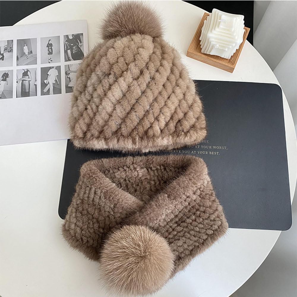 Brown Beanie Hat and Scarf Set for Women Winter Warm Fashion Knitted Neckwarmer Fluffy Mink Fur Collar Scarfs Pure Colour Neckerchief Accessory for Ladies Coat