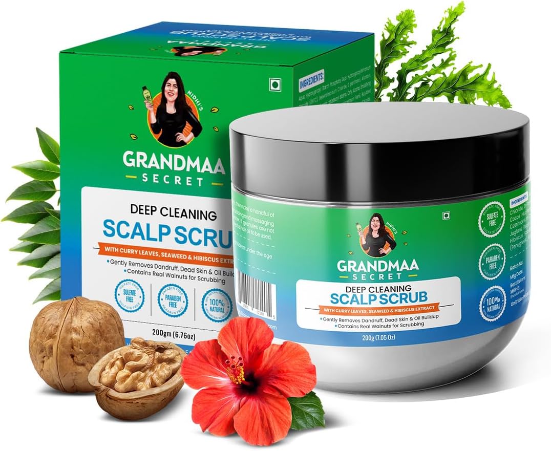 Scalp Scrub for Dandruff | Reduces Buildup, Dead Skin & Itchiness | Handmade Curry Leaves & Seaweed Walnut Scrub | Scalp Scrub for dry scalp and Oily Buildup | 200gm