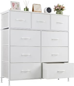 9-Drawer Dresser for Bedroom, Anti-Tip Tall Storage Organizer | Chest of Drawers with Wooden Top and Metal Frame Fabric Bins for Closet, Living Room, Hallway, Entryway, Ivory White