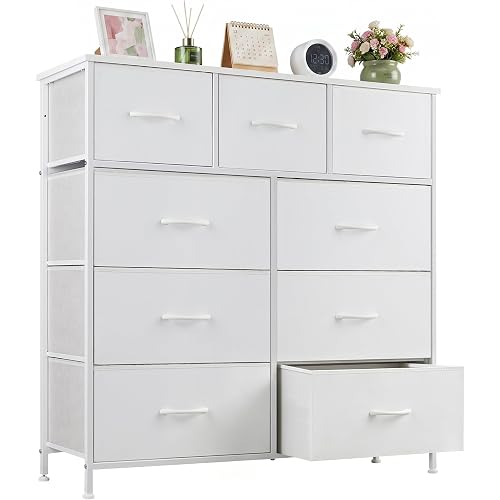 9-Drawer Dresser for Bedroom, Anti-Tip Tall Storage Organizer Chest of Drawers with Wooden Top and Metal Frame Fabric Bins for Closet, Living Room, Hallway, Entryway, Ivory White