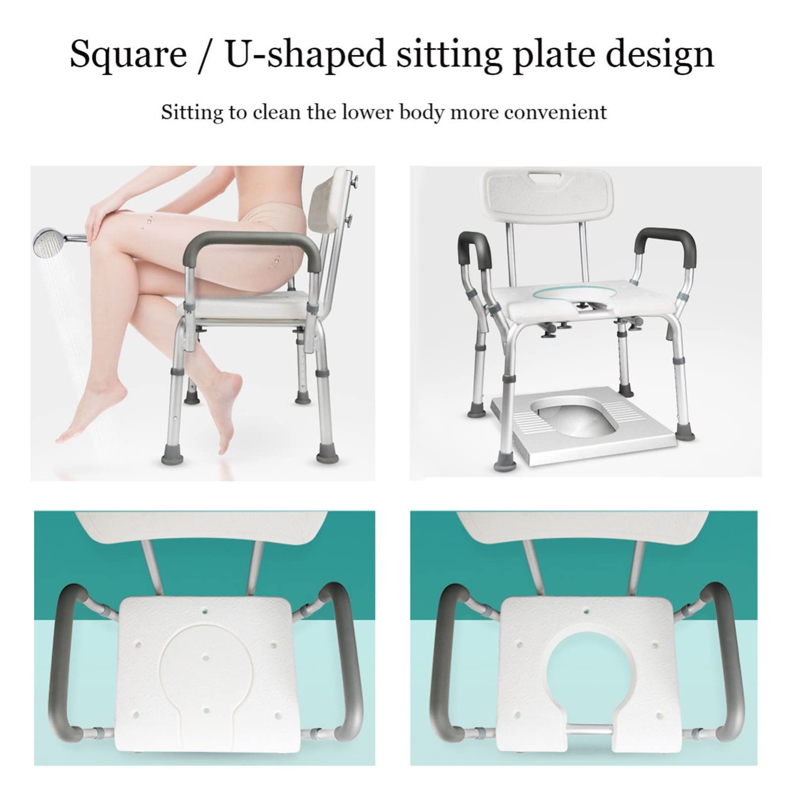 Silla de Ducha con Brazos y Respaldo - con Asiento en Forma de U - Marco Elevador de Inodoro - Taburete de Ducha de bañera Ajustable en Altura - Soporta hasta 300 Libras - Silla de
