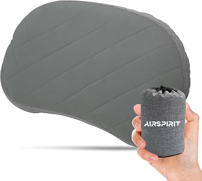 AIRSPIRIT Ultralight Camping Pillow Inflatable with Removable Washable Cover, Compact Travel Pillow for Neck Support, Hiking, Backpacking, Office, Airplane, Car & Beach - Adjustable Firmness Grey