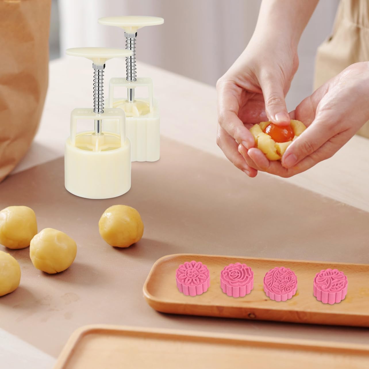 MAGICLULU 14pcs Traditional Hand Press Mooncake Mold Set - Chinese Pastry Molding Tool with Multiple Flower Stamps - Manual Cookie & Bread Press for Easter Mid-Autumn Festival DIY Baking - White