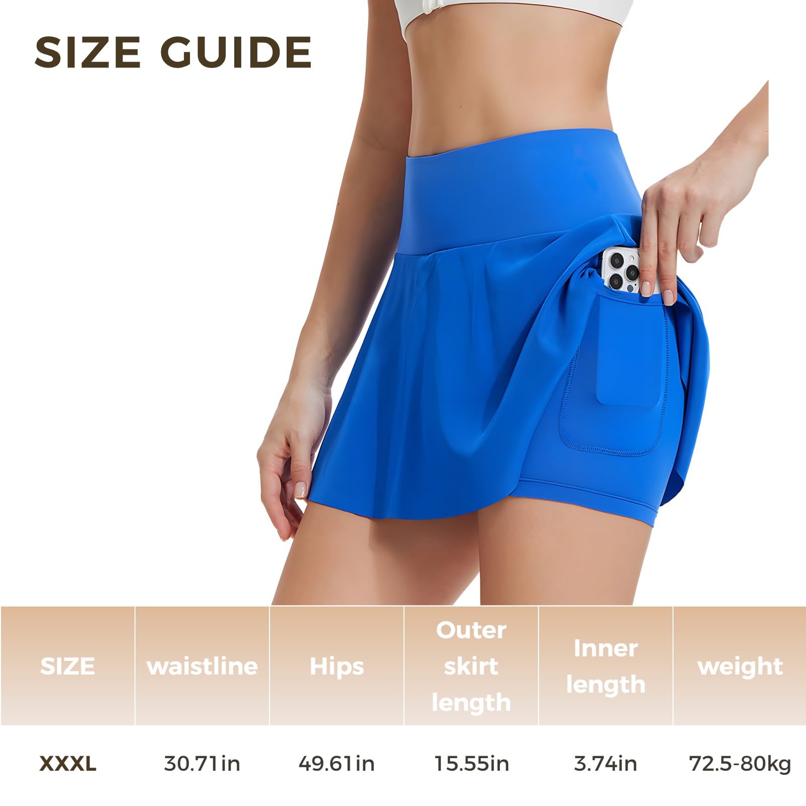Jupe de Tennis pour Femme, Jupe-Short avec Poches intégrées, vêtement de Sport Noir, Polyester élasthanne hautement élastique, Taille XXXL adaptée pour Un Poids de 65 à 72 kg