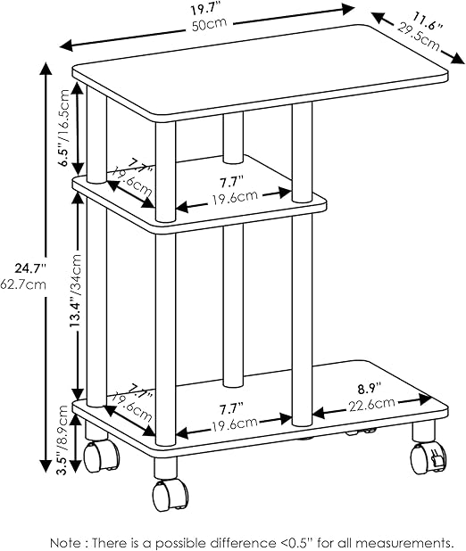 Furinno Turn-N-Tube C Shaped Side Table with Casters, Amber Pine/Black thumbnail 3