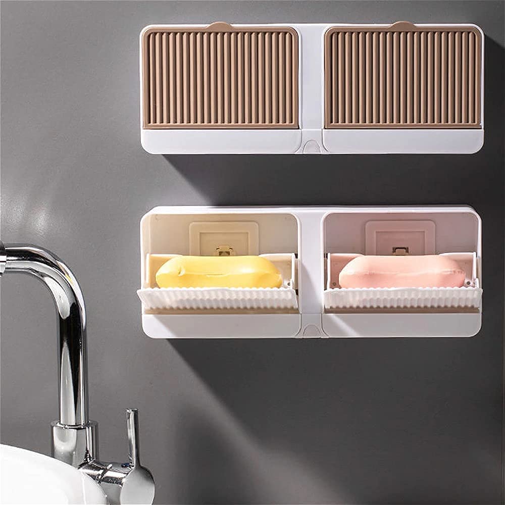 PERPART Soap Box - No-Drilling Wall Mounted Soap Box with Lid Double Grids Soap Draining Rack Bathroom Soap Holder Double Grid-Asphalt Toilet Laundry Soap Box with Double Soap Holder & Drain Tray 3