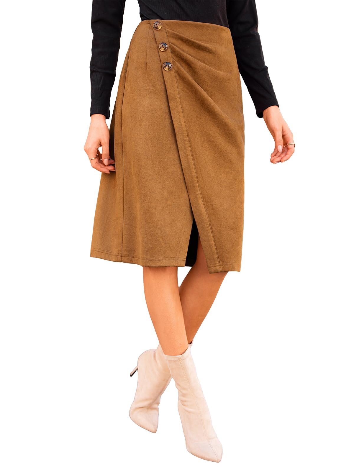 CUPSHE Womens Midi Skirts Split Ruched Button Pencil Skirts Elastic Waist Wrap Long Skirt