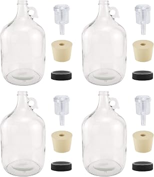 North Mountain Supply 1 Gallon Glass Fermenting Jug with Handle, 6.5 Rubber Stopper, 2-Piece Airlock, Black Plastic Lid - Set of 4