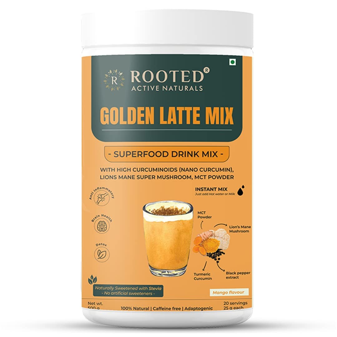 Rooted Actives Golden Turmeric Milk Latte Mix, 500G | Lions Mane Mushroom, Nano Curcumin, MCT Powder | Haldi Milk | Reduce Stress, Antioxidant, Anti Inflammatory, Brain & Memory Booster | Milk Powder (B0B6F94V5T) Amazon Price History, Amazon Price Tracker