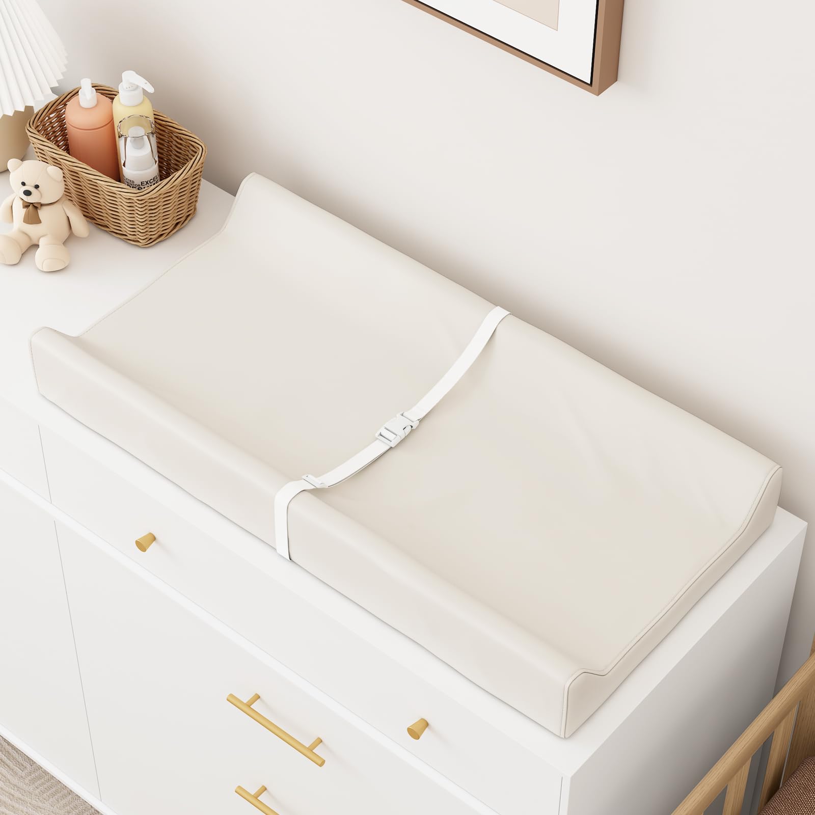 Wipeable Baby Changing Pad for Dresser and Table, Cozy Diaper Changing Pad with Waterproof & Wipe-Clean Leather Cover, Off-White