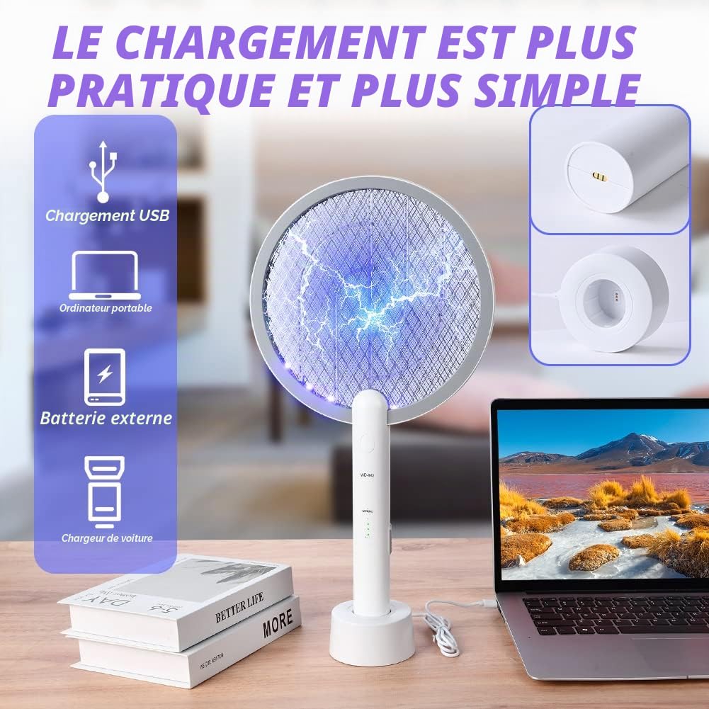 Flintronic Raquette Electrique Insectes, 3000V Raquette Anti Moustiques Électrique avec USB Base de Charge, 3 Couches Protection en Maille et Lumière de Nuit LED, Tapetteà Mouche Electrique