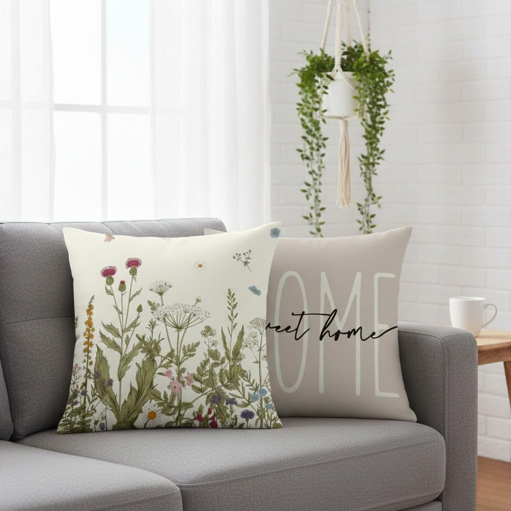 Copricuscini 40x40 Set di 4 decorativi cuscini per divano floreali e botanici Cuscini primavera-estate per divano camera da letto Cuscino da esterno Grigio