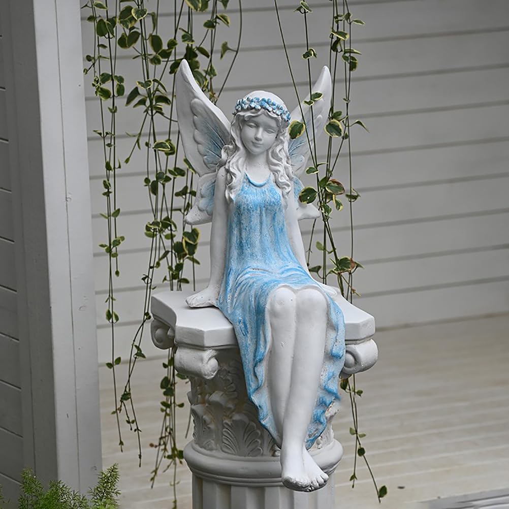 Elfen Gartenfiguren 62 cm / 3.2 kg Europäischer Stil Gartendeko für draußen wetterfest Große Feen Statue Teichdeko Geschenke für Gartenliebhaber,Magnesiumoxid,Blau