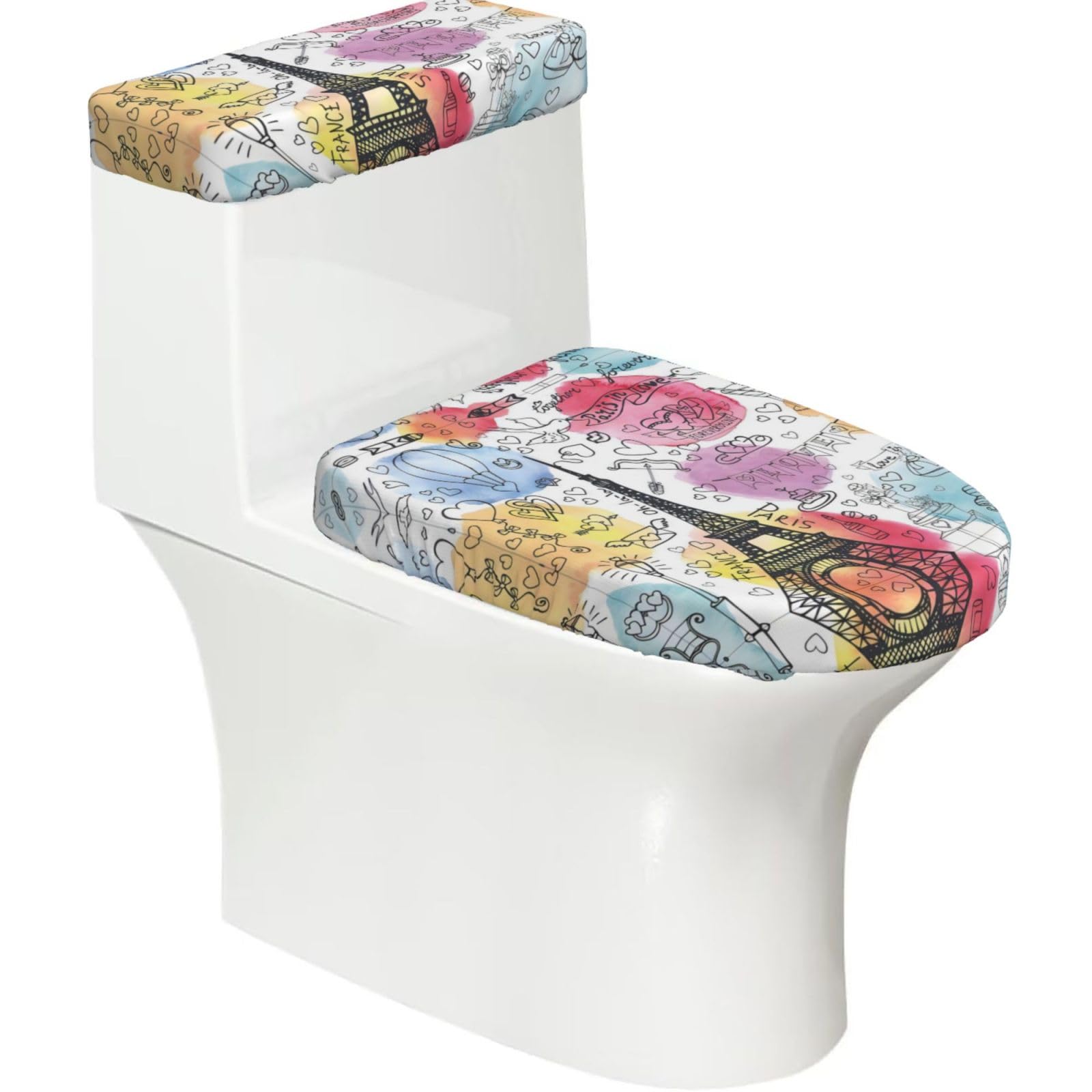 Wzycwb Black French Paris Tour Eiffel Tower 2-Piece Toilet Seat Cover Set With Tank Lid, Elastic Fit For U-Shape & Elongated Toilets, Bathroom Decor, Housewarming Gift