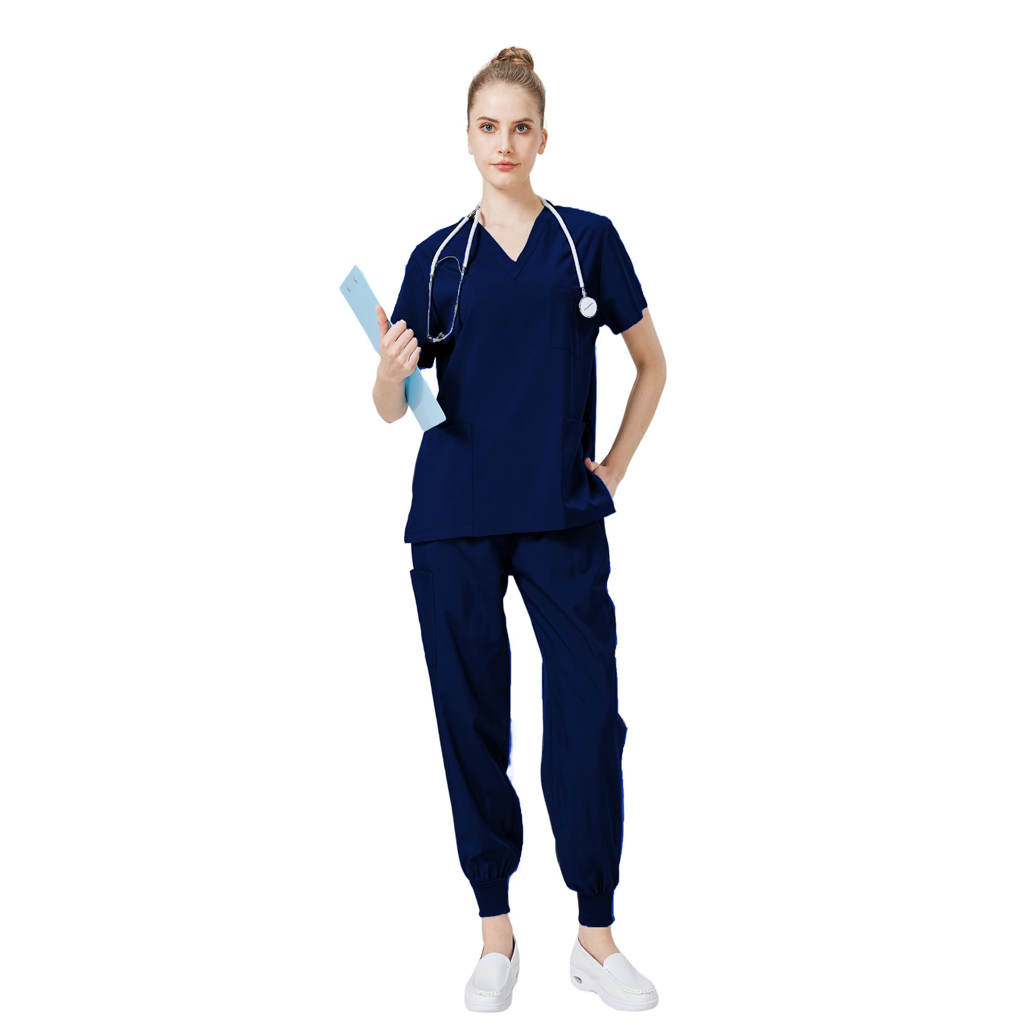 Medizinischer Overall Anzug V-Ausschnitt Kurzärmliges Oberteil mit 3 Taschen Schlanke Hose Schnelltrocknend Größen Unisex DK05