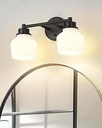 Miniatura 7 de Emak VL122-BK-ML-2 - Lámpara de tocador de 2 luces, moderno accesorio de baño negro para casa de campo sobre espejo con pantalla de vidrio de leche