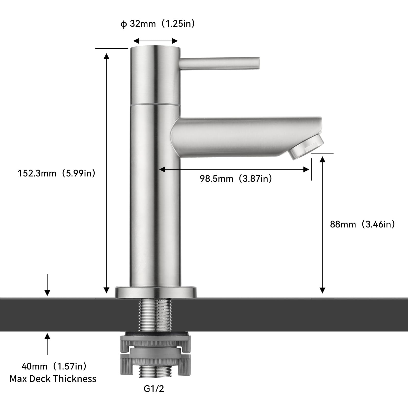 CECIPA Robinet Lavabo Eau Froide avec Flexible Raccordement, Robinet Lave Main Eau Froide Uniquement avec Bec Hauteur 93.4 mm, Robinetterie Pour WC et Salle de Bain | Eau froide uniquement, aérateur interchangeable, certifié DVGW, valve de haute qualité,