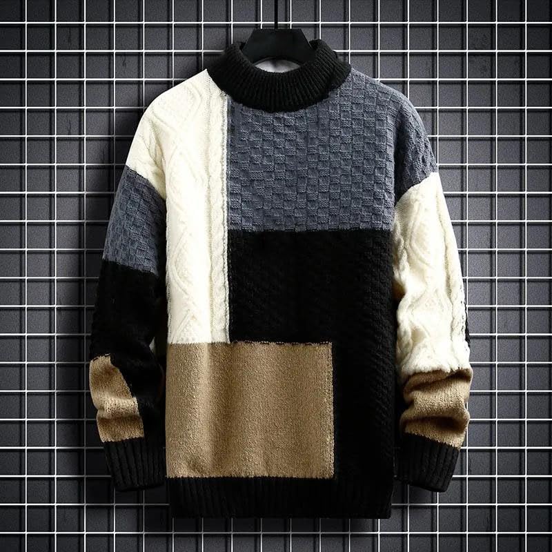 Men Warm Knitted Sweaters Patchwork O-Neck Casual Pullover Top4