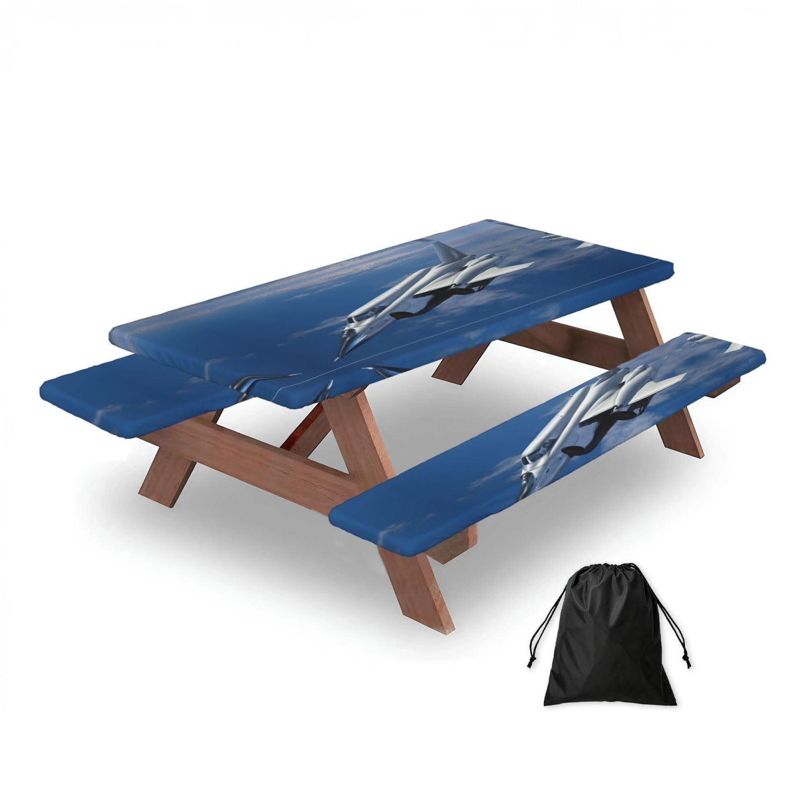 ESNAIUVCD Flying Airplane Print Picnic Table Cover With Bench Covers,Camping Essentials,Fitted Tablecloth Cover With Elastic Edge, For Indoor & Outdoor 3 Pcs