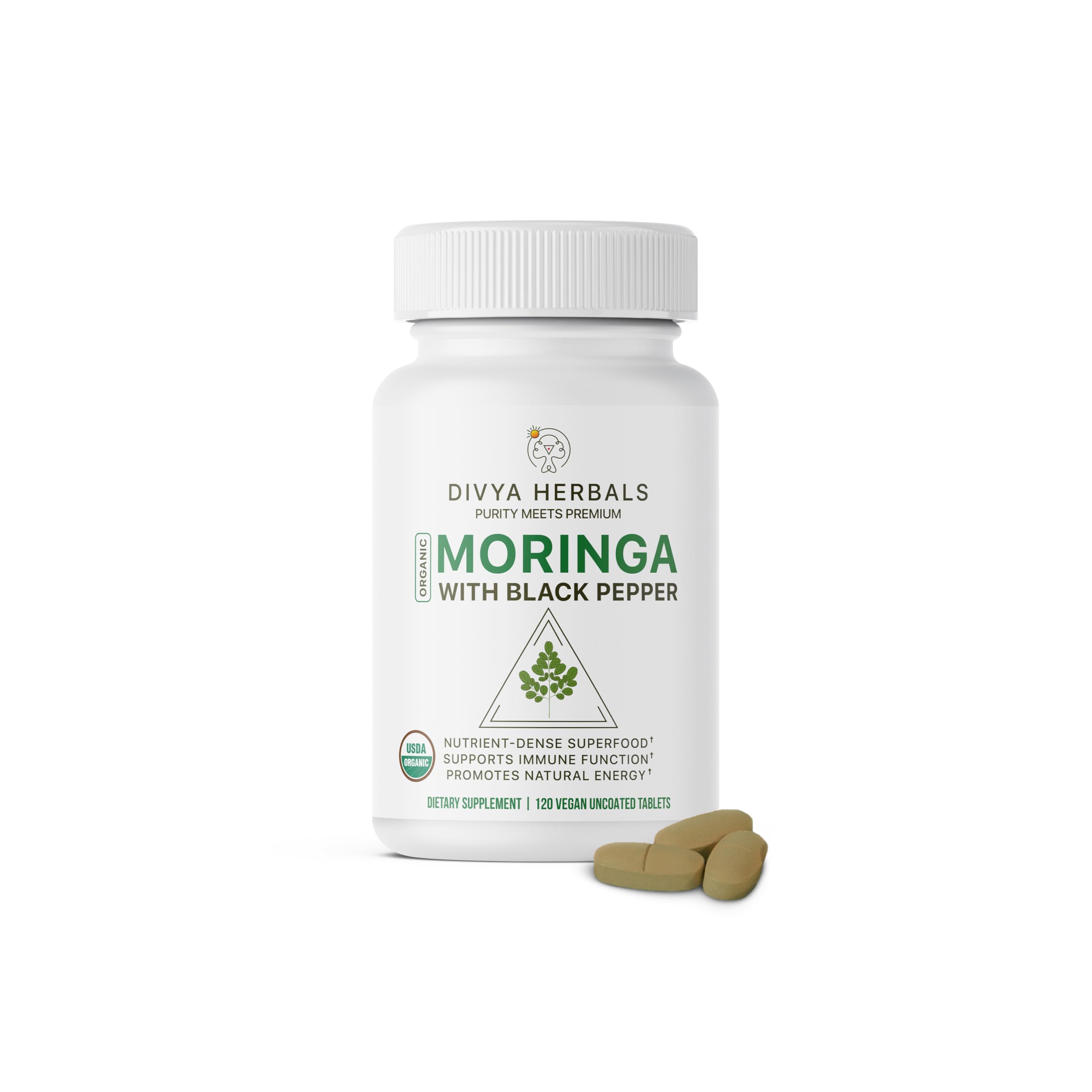 Organic Moringa with Black Pepper | 100% Pure Moringa Leaves | Supports Energy, Immunity & Digestion | 120 Uncoated Vegan TabletsUSDA Organic