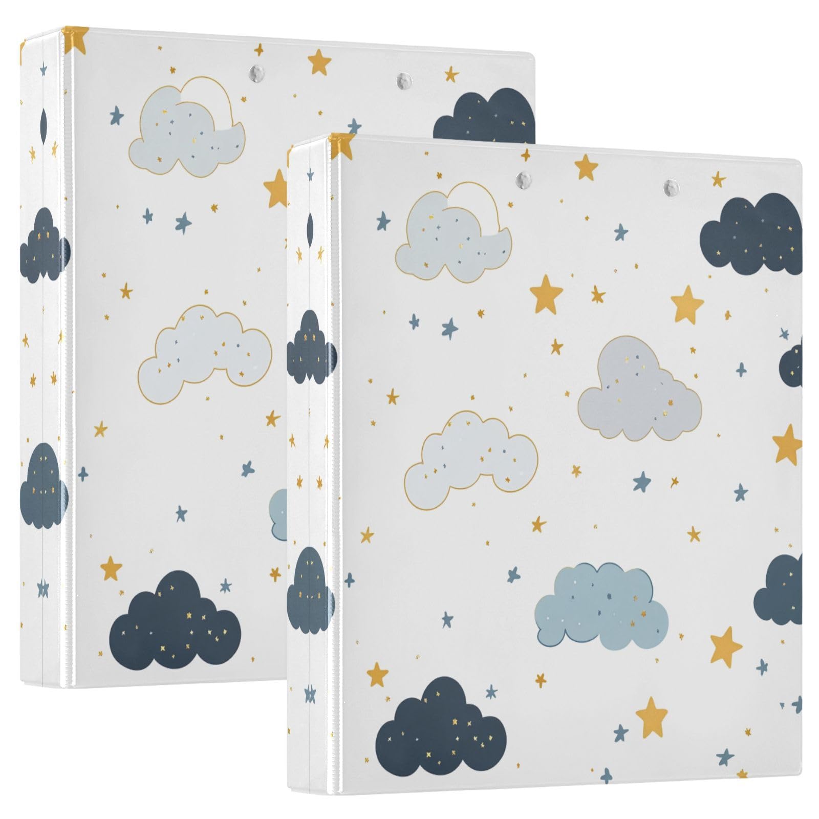 Raccoglitore ad anelli con 3 anelli, 3,8 cm, motivo stelle e nuvole, con clip in metallo, formato A4, organizer per casa e ufficio, confezione da 2