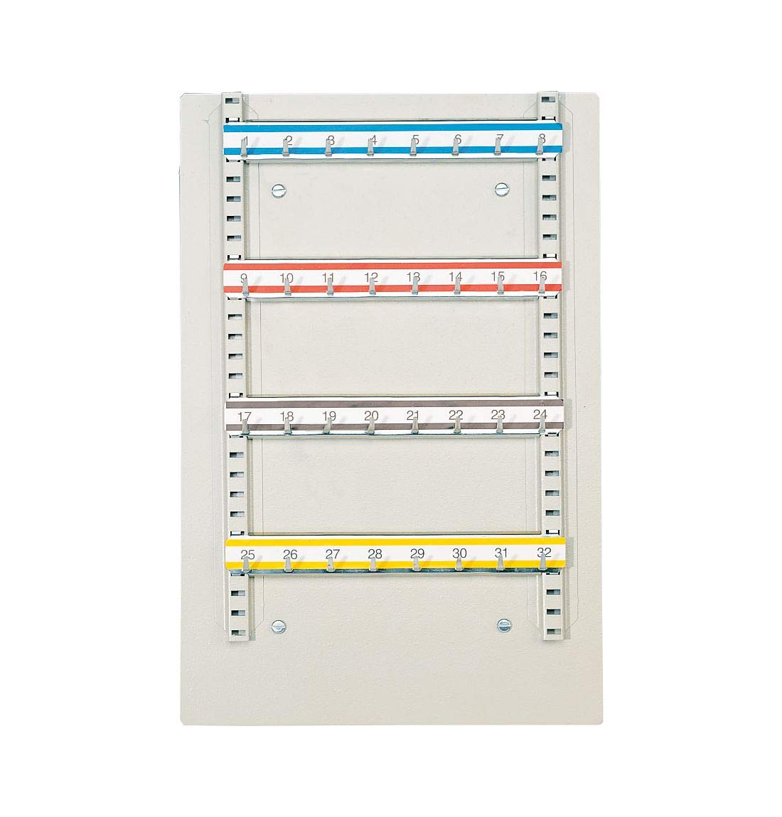 FORMAT Wandtafel zur nachträglichen Montage, Schlüsselbrett mit 32 Haken, verschiedenfarbige und nummerierte Hakenleisten, 450 x 300 mm, lichtgrau