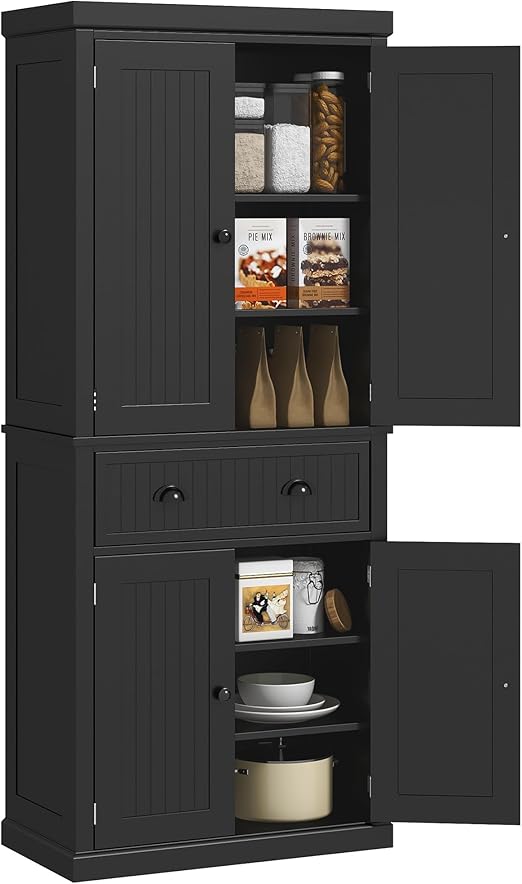 HOMCOM 72" Kitchen Pantry Cabinet, Freestanding Tall Storage Cabinet, Traditional Kitchen Cabinet with 4 Doors, Drawer and 3 Adjustable Shelves for Dining Room, Black
