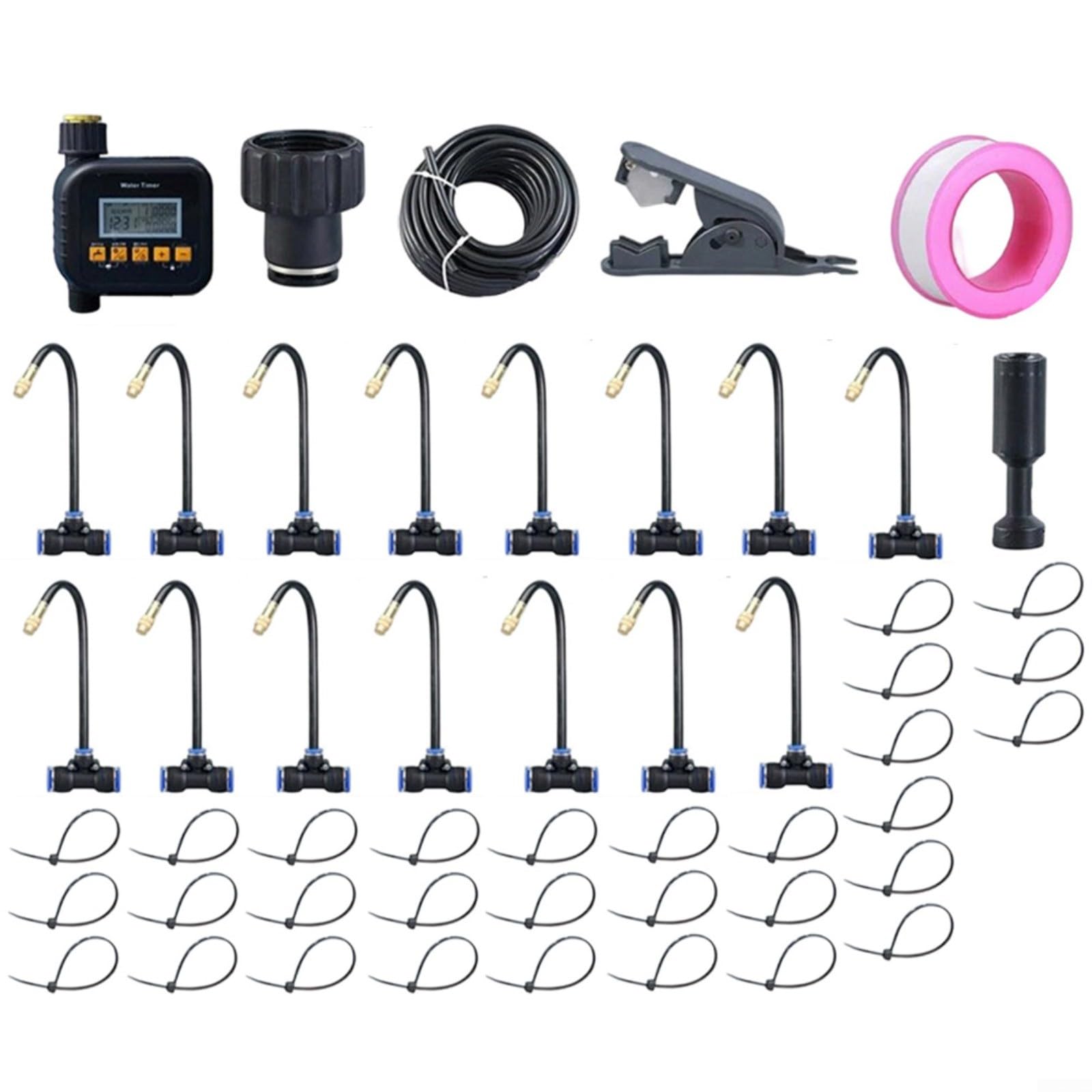 Sistema di irrigazione automatico con timer, ugelli regolabili a 360°, kit di irrigazione a goccia per giardino, connettore rapido, tubo in polietilene (30 m)
