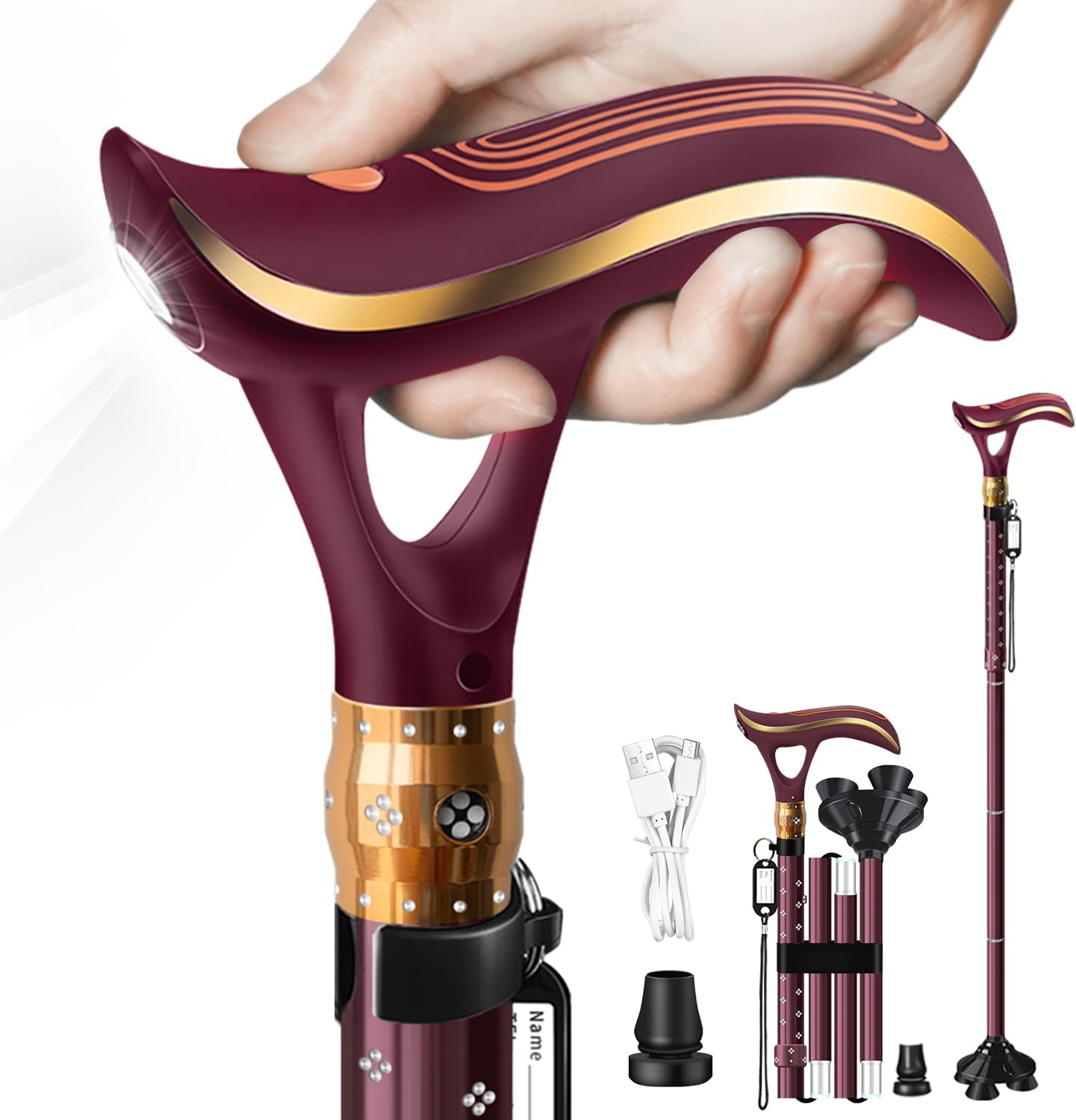 Folding Cane, Smart Alarm Foldable Cane with Light, Fashion Walking Cane for Women&Men, Adjustable Canes for Seniors, USB Direct Charging, Lightweight and Portable