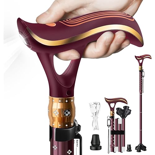 Folding Cane, Smart Alarm Foldable Cane with Light, Fashion Walking Cane for Women&Men, Adjustable Canes for Seniors, USB Direct Charging, Lightweight and Portable