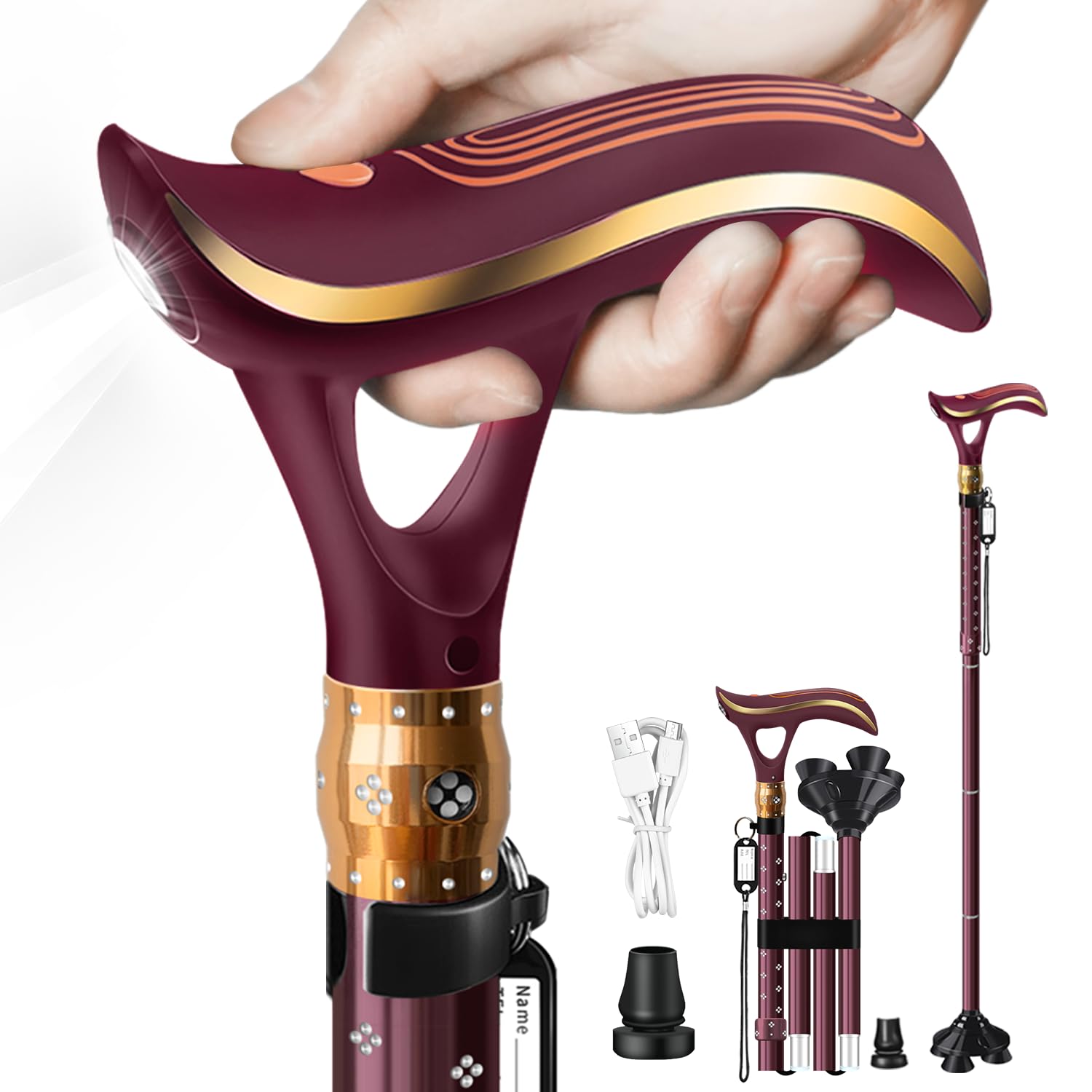 ispuoocti Folding Cane, Smart Alarm Foldable Cane with Light, Fashion Walking Cane for Women&Men, Adjustable Canes for Seniors, USB Direct Charging, Lightweight and Portable