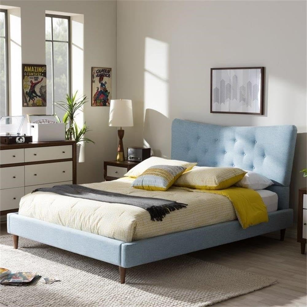 BOWERY HILL Contemporary Queen Platform Bed, Light Blue Fabric Upholstery, Button-Tufted Headboard, Solid Rubberwood Legs, 66.3 x 87.56 in Frame, Mid-Century Modern Style, Cozy Bedroom Furniture
