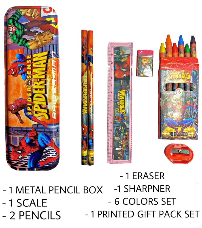 Image of Spidarman Stationary Kit with 1 Pencil Box Case 2 Pencils 6 Crayon Colors 2 Space Gel Pen 1 Ruler Scale Eraser Sharpener Kit for Kids (Character As Per Available)