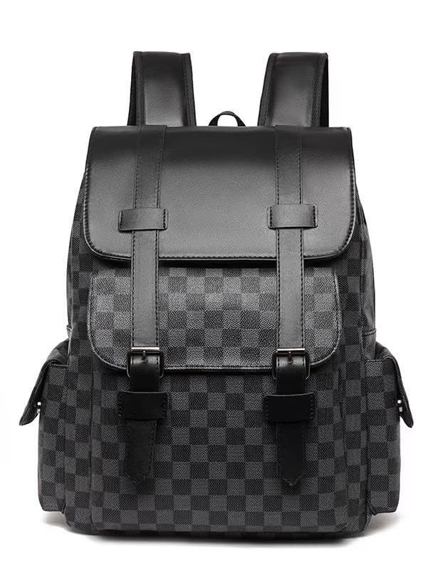 Mochila Xadrez Elegante, Couro Sintético Preto, Design Clássico com Fivelas (Preto 01)