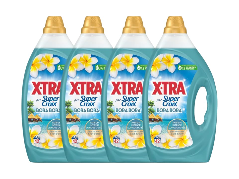 Super Croix par X•Tra - Lot de 4 Lessives Liquides - Bora Bora - Fleurs de Monoï & Lait d'Aloe - Moment Evasion - Experience Sensorielle - Parfum Intense -...