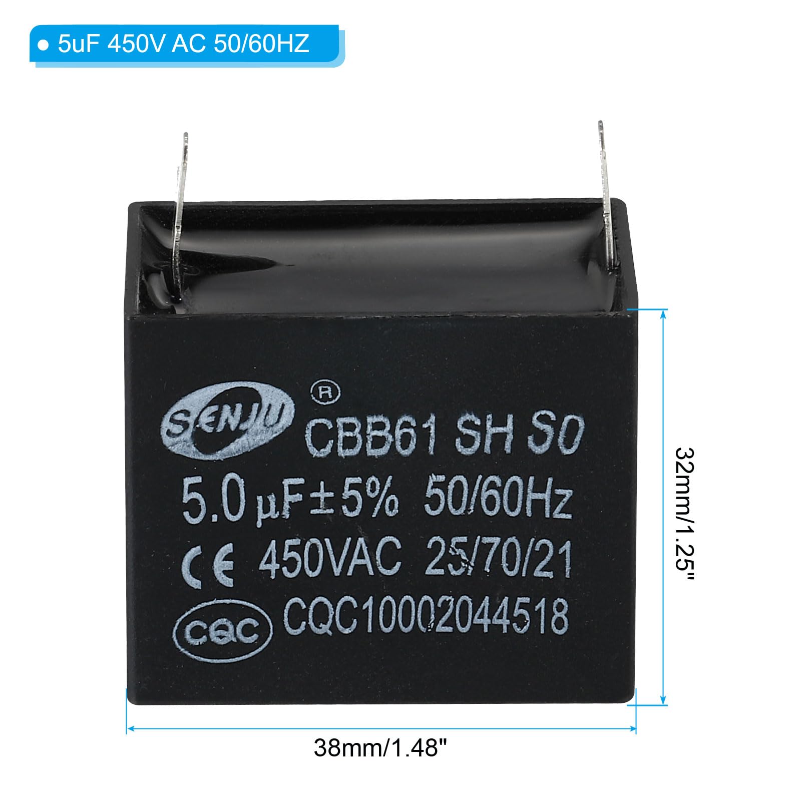 PATIKIL CBB61 Soffitto Ventilatore Condensatore, 5Pz 5uF 450V AC 50/60HZ Singolo Inserto con 2pins per Climatizzatore Ventilatore Motore Stella Condensatore Marce 38 x 36 x 32mm