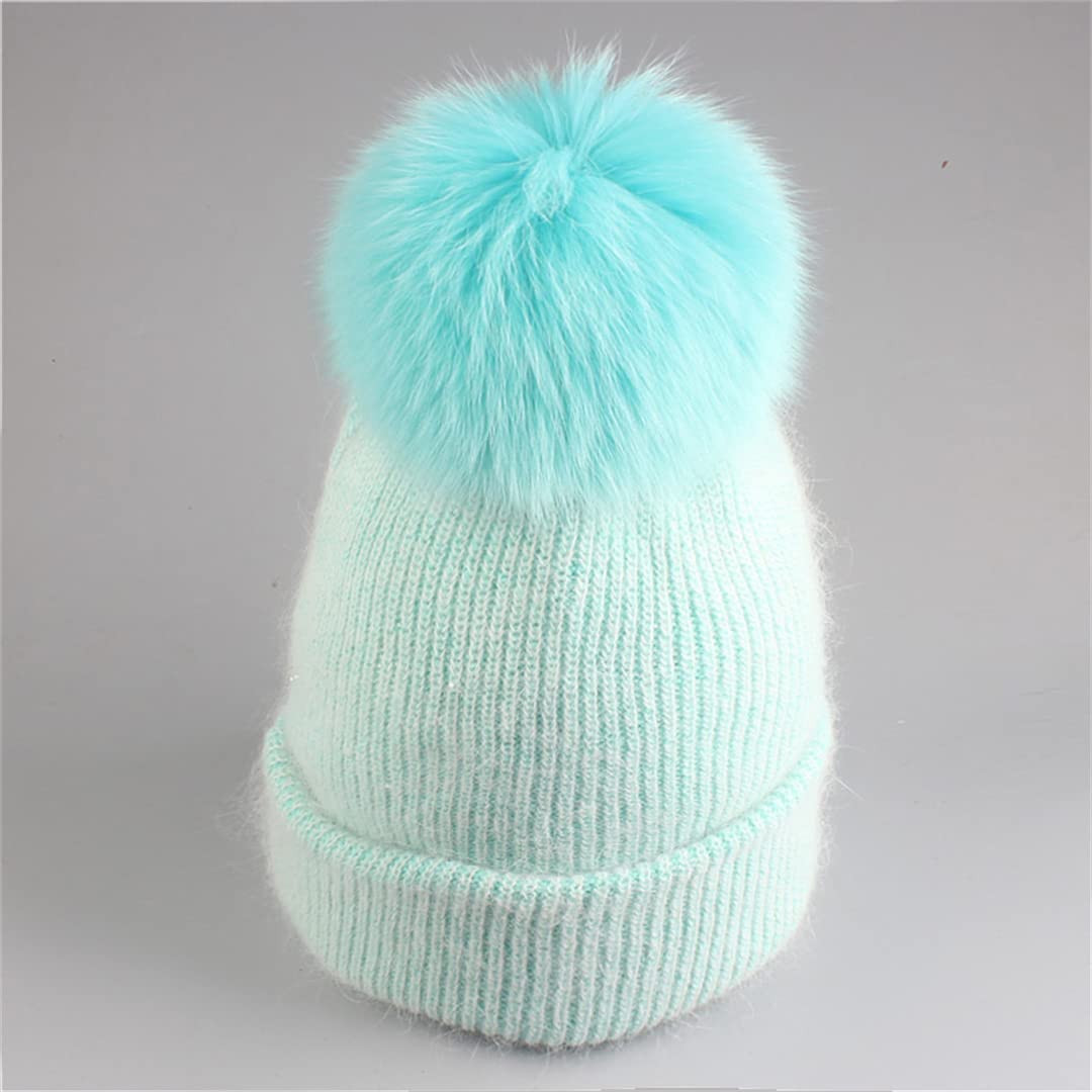 Gorro de Invierno de Piel de Conejo con Gorro de Piel con pompón para Mujer, Gorro cálido para Mujer Black Fur 2 One Size